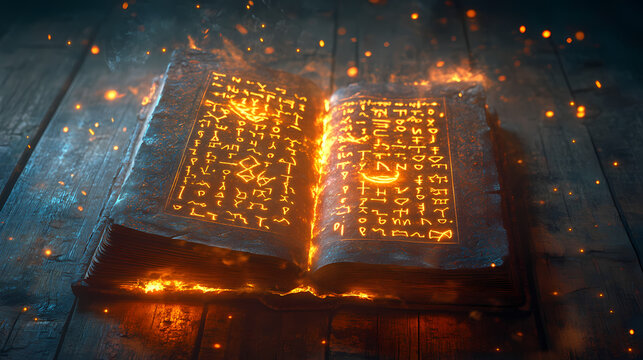 An ancient, enchanted book with glowing symbols and flames, resting on a wooden surface, evoking mystery and magic. runic cipher. illustration. Ancient Cipher. Illustration
