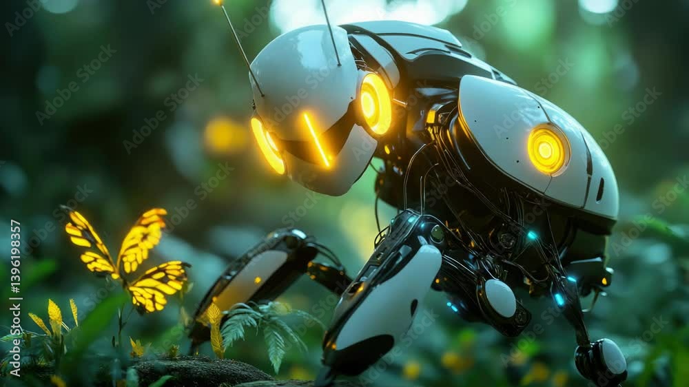 Poster close-up shot of a robot amidst a vibrant field of flowers, perfect for use in illustrations about t