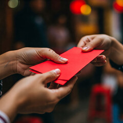Hands exchanging red envelope during celebration