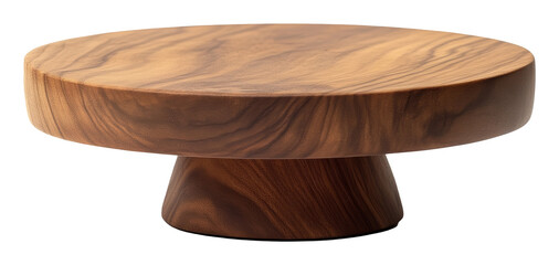 Round wooden pedestal with smooth grain texture viewed from side angle on a transparent background