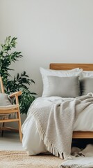 Cozy Scandinavian bedroom with wooden accents and soft gray linens creates a serene retreat