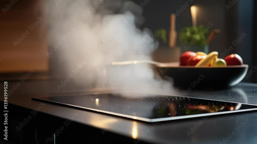 Poster a bowl of fresh fruit sits on top of a stove, perfect for adding a pop of color to any kitchen setti