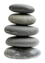 Balanced stack of five smooth black stones on a transparent background, zen concept