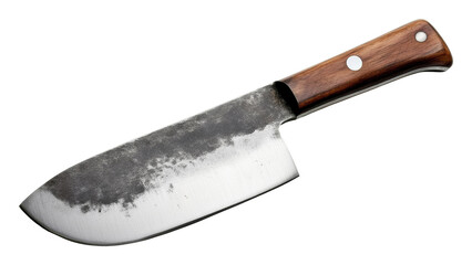 Rustic cleaver knife with wooden handle on transparent background, kitchen tool