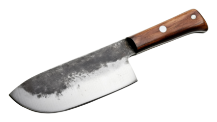 Rustic cleaver knife with wooden handle on transparent background, kitchen tool