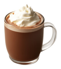 Hot chocolate in a clear glass mug with whipped cream on top, transparent background, cozy drink concept