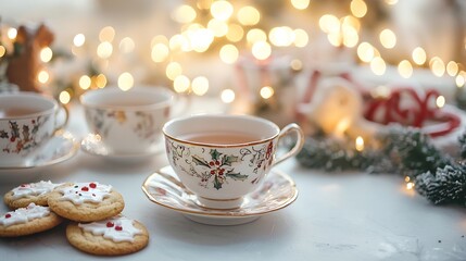 Elegant Christmas tea party beautifully set table porcelain cups festive cookies fairy lights in background cozy winter ambiance soft focus photography