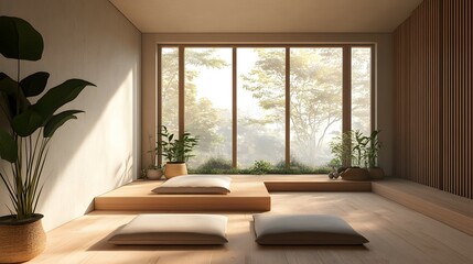 Fototapeta premium Minimalist room with cushions and platforms overlooking nature light wood tones.