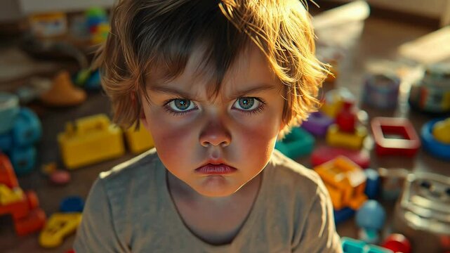 Angry little boy surrounded by scattered toys showing signs of frustration and resentment in a colorful play area
