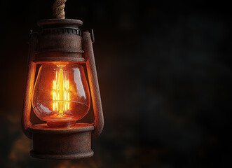 Vintage Rusty Lantern with Glowing Light Bulb in Dark Atmospheric Setting for Nostalgic or Rustic Themes