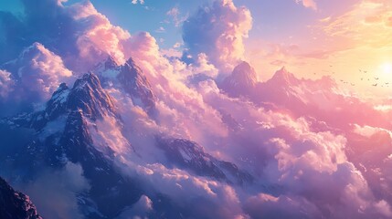 Naklejka premium A breathtaking view of mountain peaks piercing through a sea of fluffy pink and purple clouds