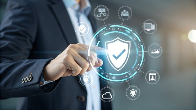 Work Safety and Compliance Concept. Businessman holding magnifying glass with icons work safety, compliance, risk management, and operational efficiency, emphasizing importance of safety standards.