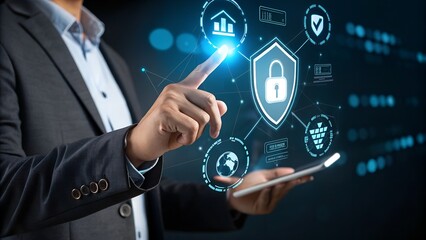Work Safety and Compliance Concept. Businessman holding magnifying glass with icons work safety, compliance, risk management, and operational efficiency, emphasizing importance of safety standards.