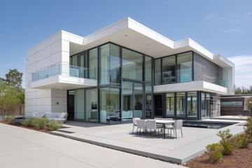 Exterior view of a modern home with large windows and patio furniture under a bright blue sky day