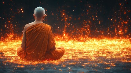 Obraz premium Monk Meditates Amidst Fiery Flames