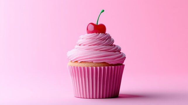 Delightful Pink Cupcake with Cherry Topping on a Soft Pink Background Perfect for Dessert Par