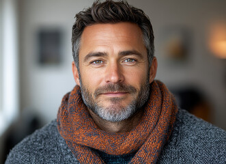 Portrait of bearded man in cozy knit sweater and scarf, smiling confidently indoors, soft background blur