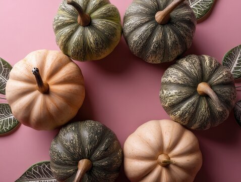 Six pumpkins arranged in a circle on a surface, displaying various shades and textures with green leaves interspersed. Each pumpkin has a distinct color pattern and stem orientation - Powered by Adobe