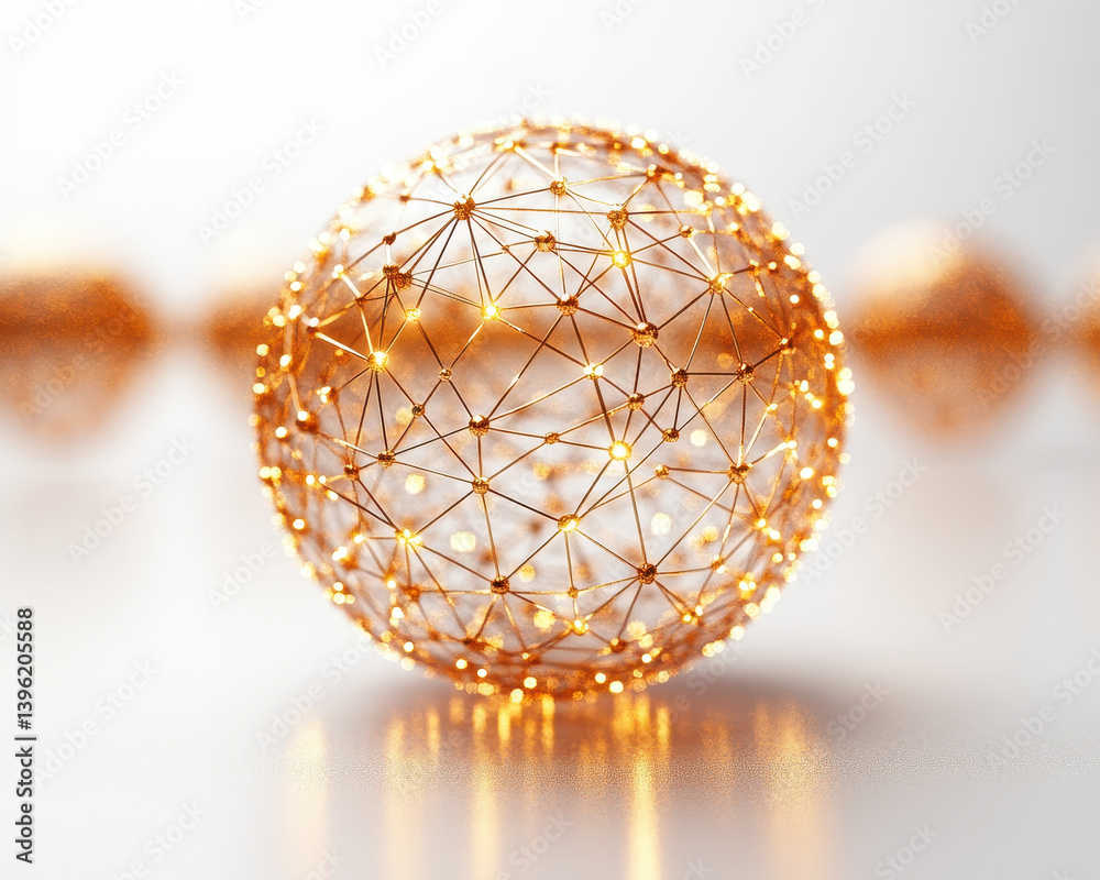Poster abstract golden wireframe sphere with glowing nodes on soft blurred background representing modern n