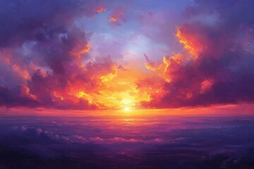 Obraz premium Breathtaking Sunset Sky with Vibrant Orange and Purple Clouds in Impressionism Style