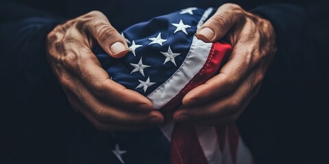 A man is holding a red, white, and blue American flag