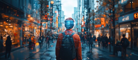 Obraz premium Augmented Reality Navigation Smartphone Urban Exploration in Modern Cityscape