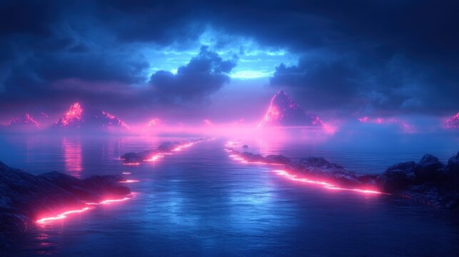 Futuristic Digital Landscape Cyberpunk Wave Neon Grid Dark Background AI Technology