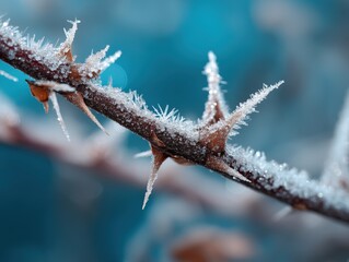 A frosted branch with sharp thorns and delicate ice crystals is shown in close-up against a soft-focus background, capturing a wintery, detailed natural scene