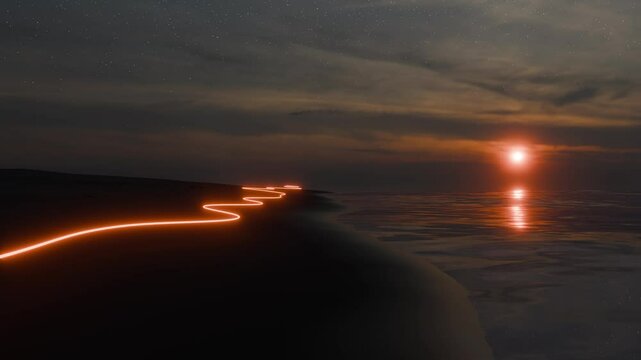 3d rendered animation of a night time beach scene with calm water and a surreal ebbing tube of light.