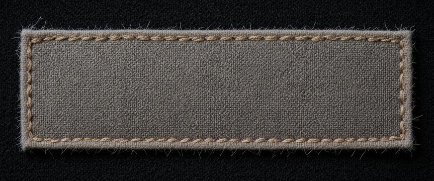 Leeres graues Stoffetikett mit Naht auf dunklem Hintergrund als realistisches Mockup f&uuml;r Kleidung und Branding Generative KI