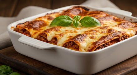 Delicious Homemade Cannelloni with Melted Cheese and Fresh Basil Garnish