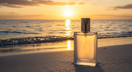 Clear Perfume Bottle On Beach At Sunset