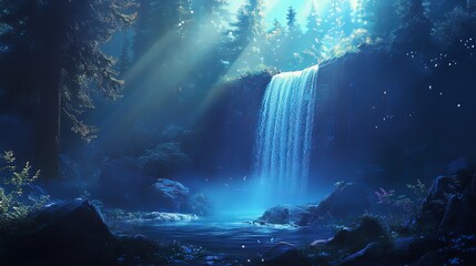 A serene waterfall cascading into a pool surrounded by lush forest under ethereal blue light beams