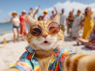 Orange cat in sunglasses takes a selfie on a beach with people in the background, wearing a colorful shirt, with a playful expression, surrounded by a sunny, cheerful atmosphere