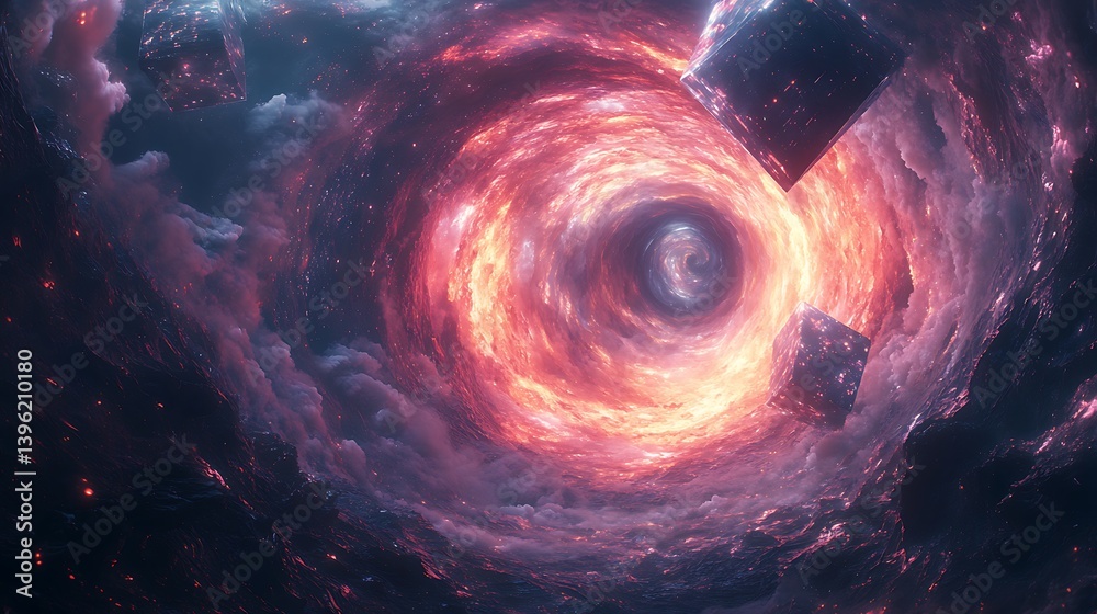 Wall mural a vortex of swirling prismatic energy, distorting space and time, surrounded by geometric floating s