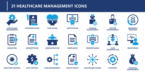 Healthcare icons pack in solid style including care giving, documentation, infection control, budgeting, health policy, monitoring, and certification.