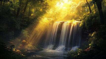 Sunlight streaming through the trees illuminating a waterfall in a lush green forest scene