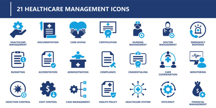 Healthcare icons pack in solid style including care giving, documentation, infection control, budgeting, health policy, monitoring, and certification.