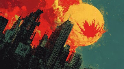 Obraz premium Surreal urban landscape with erupting sun over skyscrapers.