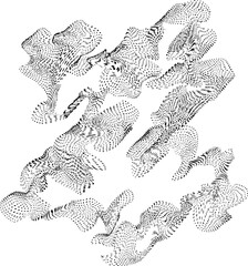 Complex dotted figure with protruding edges and curved outlines forming an irregular flow-driven shape with layered texture.