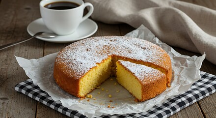 Naklejka premium Delightful homemade cake served with fresh hot coffee for a perfect dessert