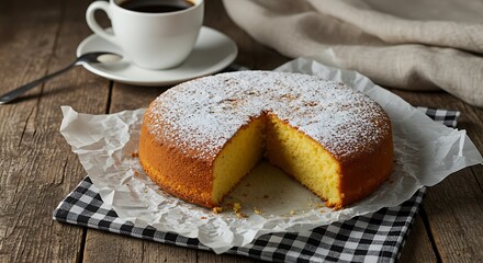 Homemade sponge cake with powdered sugar and coffee, a cozy dessert moment
