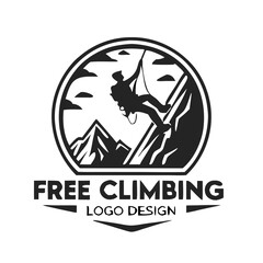 Mountain Climbing Logo – Bold Monochrome Adventure Emblem with Rock Climber Silhouette for Outdoor Gear, Expedition Branding & Extreme Sports Identity.