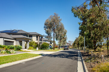 Modern Australian suburban streets are lined with contemporary homes and native eucalyptus trees. A...