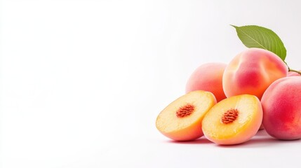 Juicy Peaches with Leaf, Bright Minimalist Style, High-Quality Studio Lighting, Horizontal Close-Up Shot, Ripe Summer Fruit, Freshness Concept, White Background, Warm Peach Tones, Ideal for Food Ads