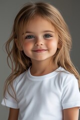 Naklejka premium Portrait of smiling little girl with long blonde hair wearing white t-shirt