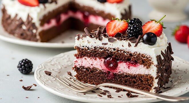 Indulgent black forest cake slice adorned with fresh berries and chocolate shavings