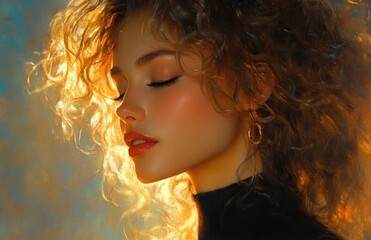Fototapeta premium Profile Portrait of Beautiful Young Woman with Curly Hair