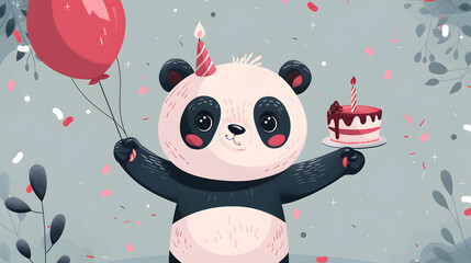 Adorable birthday card design featuring a cute panda holding a balloon perfect for kids celebrations and cheerful greetings with playful fun illustration style