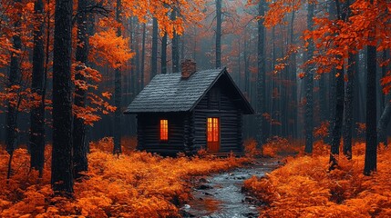Rustic cabin nestled in autumnal forest